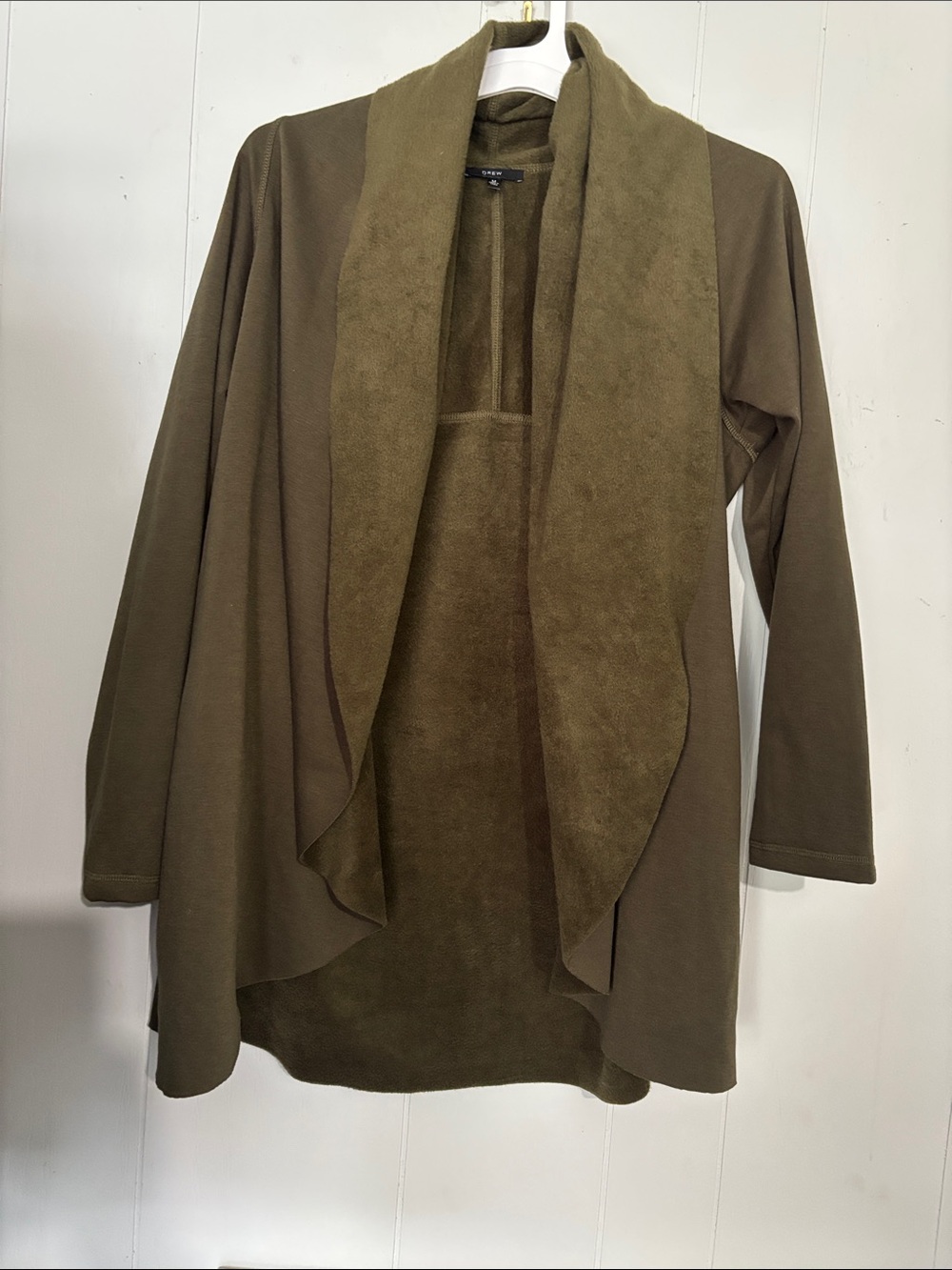 DREW Olive Open-Front Draped Cardigan